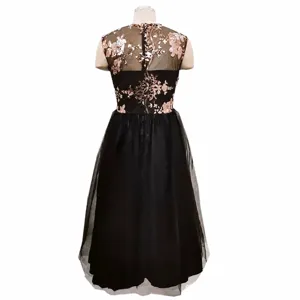 Black mesh sequin embroidered party dress, elegant sleeveless evening midi dress for women.