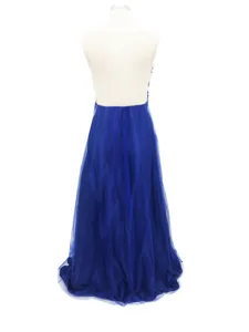 Detailed back view of elegant blue mesh long evening dress, beautiful formal party gown design.