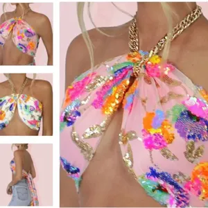 Colorful sequin embroidered halter top for women, featuring a bold chunky chain strap.