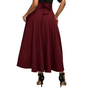 Burgundy high-waisted pleated midi skirt with back bow tie detail, elegant women apparel.