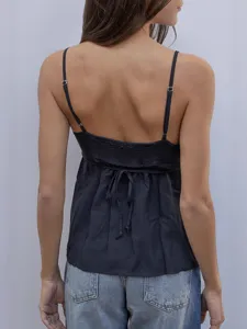 Summer V-neck spaghetti strap camisole top, lightweight breathable casual slim fit blouse for women.