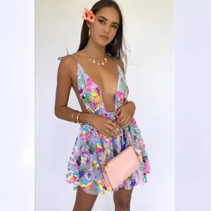 Sexy Deep V Backless Sequin Floral Embroidery Drawstring Women Mini Dress Sleeveless Party Club Short Dress