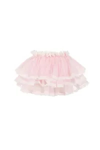 Detail view of the pink tiered tutu skirt featuring delicate lace ruffles and soft layers.