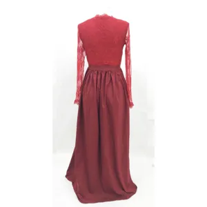 Elegant red lace long sleeve evening dress detail view, high waist solid maxi gown for women.