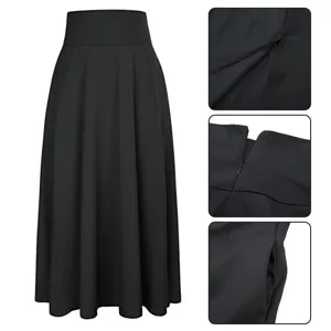 Detailed view of the black high waist pleated midi skirt showing zipper and pocket.
