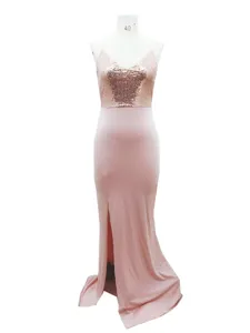 Pink sequin spaghetti strap backless long evening dress, elegant party dress for women.