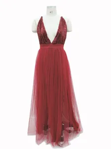Stunning red sequin tulle maxi dress featuring a deep V-neck and backless design for evening.