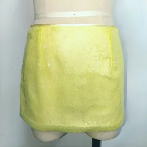 Yellow sequin mini skirt detail, sparkling party clubwear bottom, sexy fitted short skirt.