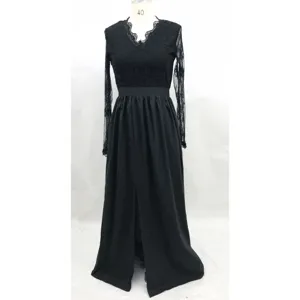 Black long sleeve lace V-neck evening dress detail shot, elegant pleated long skirt design.