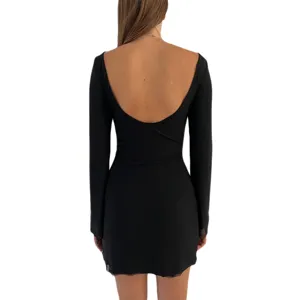 Detailed back view of a black long-sleeve backless mesh waist-cinching mini dress style.