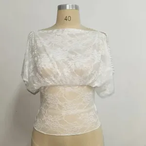 White lace top detail, hollow floral pattern design, delicate button trim, elegant style.