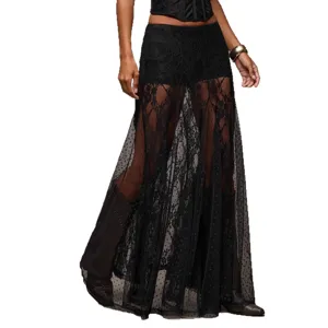 Black lace spliced low waist long skirt, sheer mesh maxi skirt for women stylish clubwear.