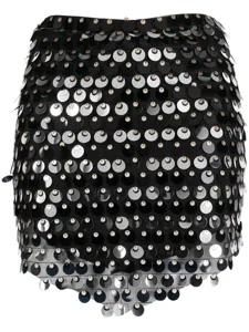 Black sequin mini skirt detail, shimmering round sequins on mesh fabric, party clubwear style.