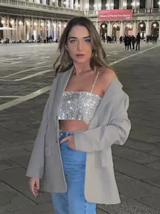 Sparkly sequin crop top with grey blazer and jeans for women fashion sexy night club wear.