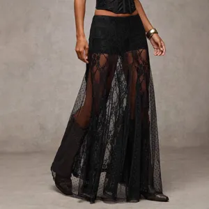 Black lace spliced low-waist bodycon long skirt sheer mesh maxi skirt for women stylish