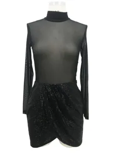 Black sheer mesh long sleeve top and sequined bodycon skirt detail view closeup product design.