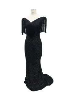 Elegant black evening dress with fringe off shoulder and sparkling rhinestones long gown.