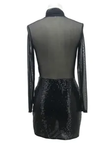 Back detail of sexy black mesh long sleeve splicing sequin bodycon club dress for women.