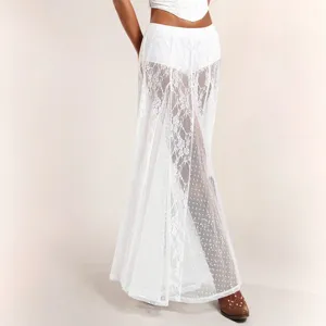 White lace maxi skirt, sheer low waist long skirt, elegant sexy women half length skirt.