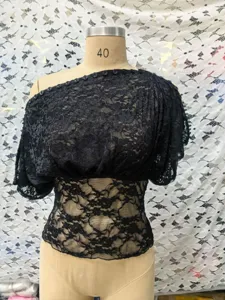 Sexy black lace off shoulder button top cross border elegant hollow lace blouse.