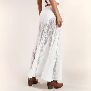 White lace patchwork low-waist bodycon maxi skirt, chic slim long skirt for women detail view.