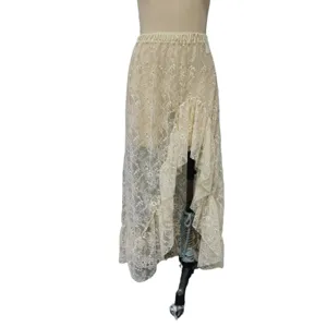 Transparenter Spitzen asymmetrischer Midirock für Damen, eleganter hoher Bund Sommerkleidung.