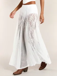 White lace patchwork low-waist maxi skirt, elegant sheer mesh tiered long skirt for women.