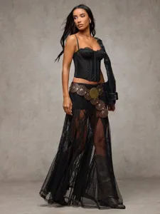 Black lace spliced low-waisted maxi skirt for women, elegant edgy long skirt, chic apparel.