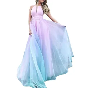 Elegantes Damen Abendkleid Tüll Halfter Maxi Partykleid Farbverlauf Abschlussball