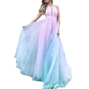 Elegantes, ärmelloses Damen Abendkleid aus Tüll mit Farbverlauf, langes Maxikleid.