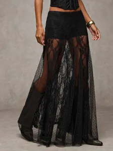 Women's Low Waist Hip-Hugging Long Skirt Gothic Style Contrast Lace Mesh Splicing Elegant Slim Maxi Skirt Streetwear