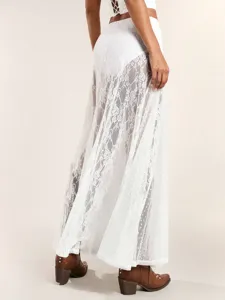 Women sexy white lace spliced low waist hip hugging maxi skirt versatile slim long skirt