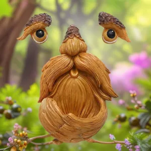 Close-up detail of tree monster resin bird feeder with realistic wood texture for garden decor