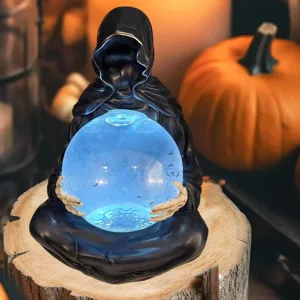 Halloween Sensenmann Kristallkugel Ornament Leuchtend Blau LED Licht Harz Skelett Totengott Schreibtisch Dekoration Für Party Zuhause