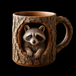 Detailed macro shot of a handmade raccoon tree hollow mug with realistic bark texture