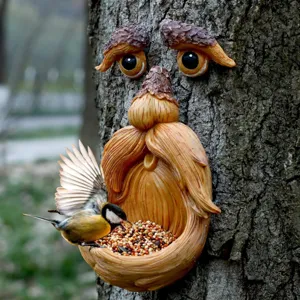 Old man tree face bird feeder resin garden decor with bird feeding