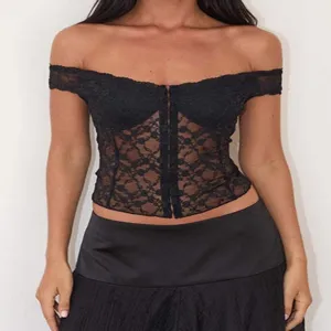Top corsetto in pizzo nero spalle scoperte maglia sexy senza spalline vestibilità aderente