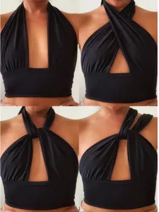 Donna top crop halter monocolore sexy incrociato senza maniche capo estivo festivo