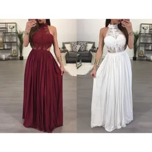 Women Sexy Halter Lace Splicing Long Evening Dress Backless High Waist Maxi Party Dress For Bridesmaid Wedding