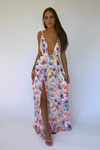 Detailed view showing the sexy deep V backless sequin floral dress with lace-up style.
