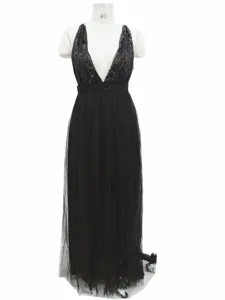 Black sequin tulle evening dress with deep v-neck and sleeveless design for elegant parties.