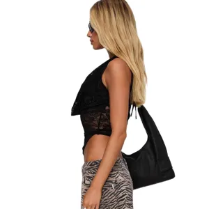 Detailed side view of a black sleeveless lace top showing its slim-fit V-neck design.