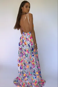 Stunning backless sequin floral maxi dress detail view, perfect for evening parties.