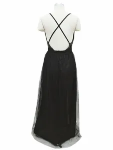 Black sequin mesh backless evening dress with cross straps, elegant party maxi gown for women.