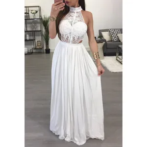 Sexy white two-piece long dress gown featuring halter lace top and pleated maxi skirt.