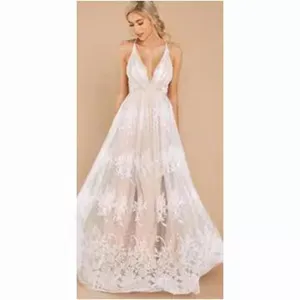 Damen Elegantes V-Ausschnitt Ärmellos Bestickt Mesh Langes Kleid Slim Fit Formell Abendparty Maxi Kleid
