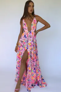 Pink sequin floral deep v backless split maxi dress detail shot showing sparkly embroidery.