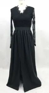 Black long sleeve lace evening dress with deep V neck and split skirt for elegant parties.