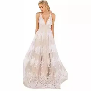 Sexy tiefes V-Ausschnitt Halter Spitzen besticktes Mesh langes Abendkleid Damen elegante