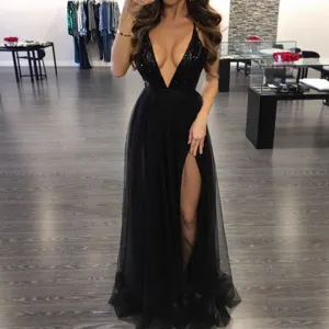 Women's Sexy V Neck Backless Sequins Mesh Long Dress Evening Party Elegant Slit Maxi Dress